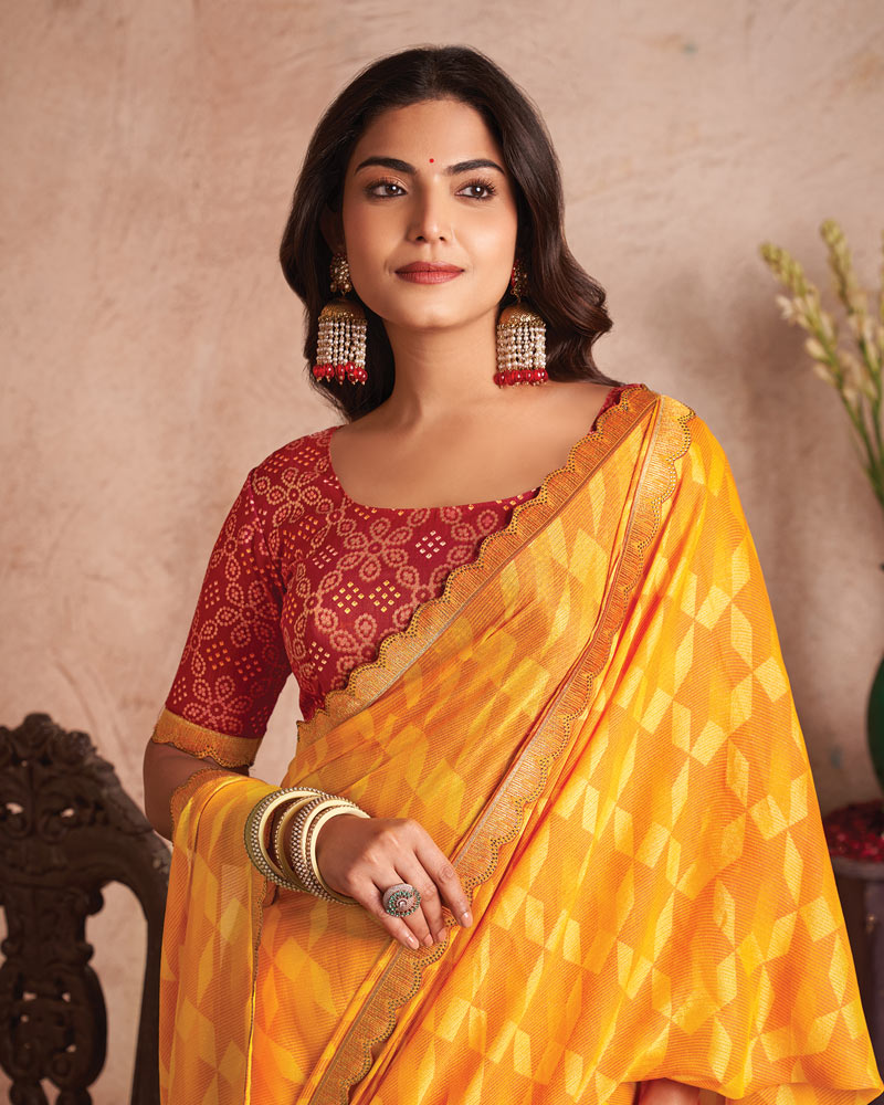 Vishal Prints Sunshine Orange Printed Fancy Brasso Saree With Cut Work Border