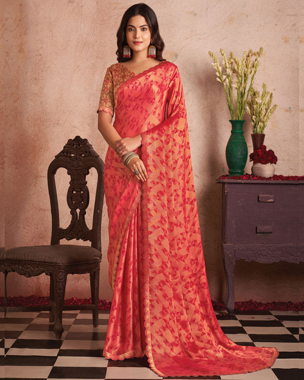Vishal Prints Persian Red Printed Fancy Brasso Saree With Cut Work Border