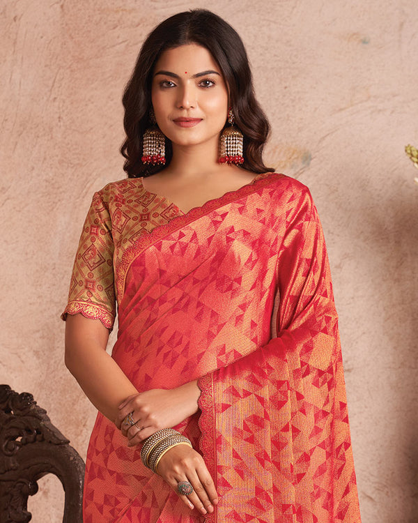 Vishal Prints Persian Red Printed Fancy Brasso Saree With Cut Work Border