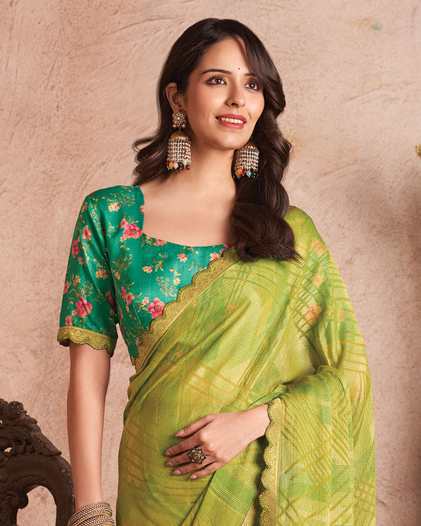 Vishal Prints Pale Olive Green Printed Fancy Brasso Saree With Cut Work Border