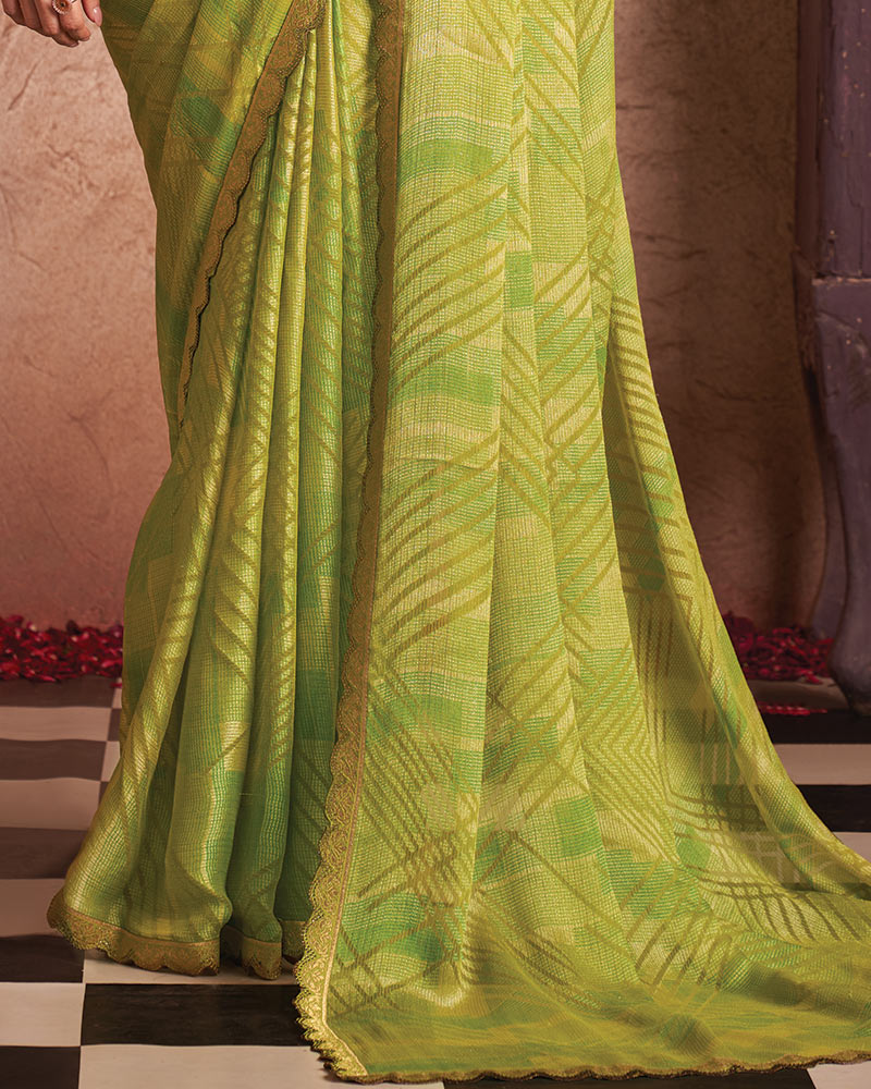 Vishal Prints Pale Olive Green Printed Fancy Brasso Saree With Cut Work Border