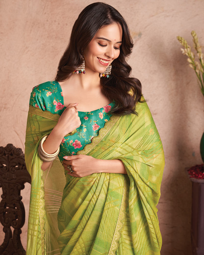 Vishal Prints Pale Olive Green Printed Fancy Brasso Saree With Cut Work Border