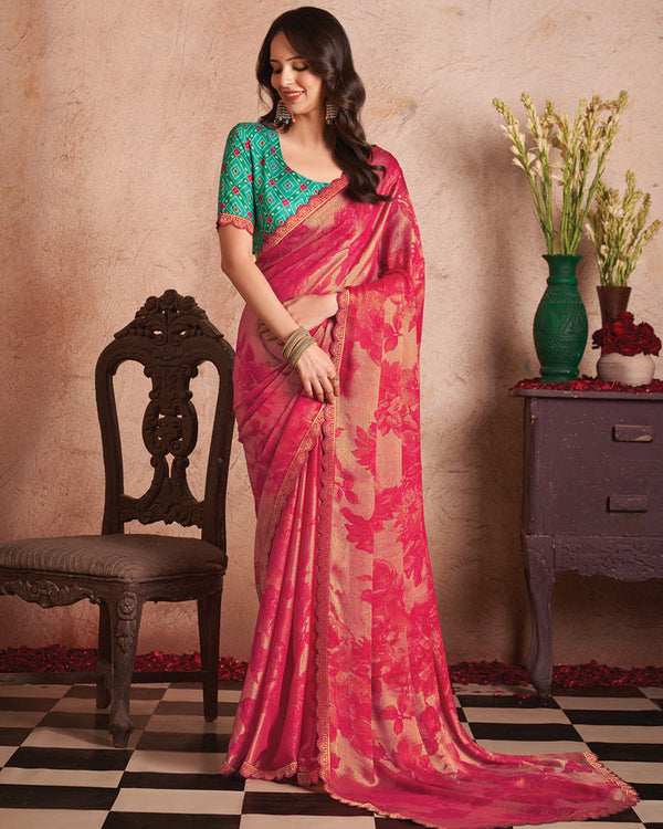 Vishal Prints Amaranth Pink Printed Fancy Brasso Saree With Cut Work Border