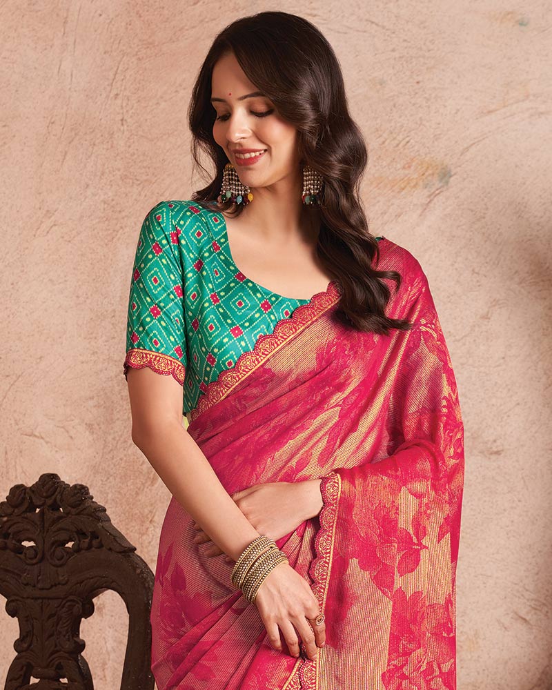 Vishal Prints Amaranth Pink Printed Fancy Brasso Saree With Cut Work Border