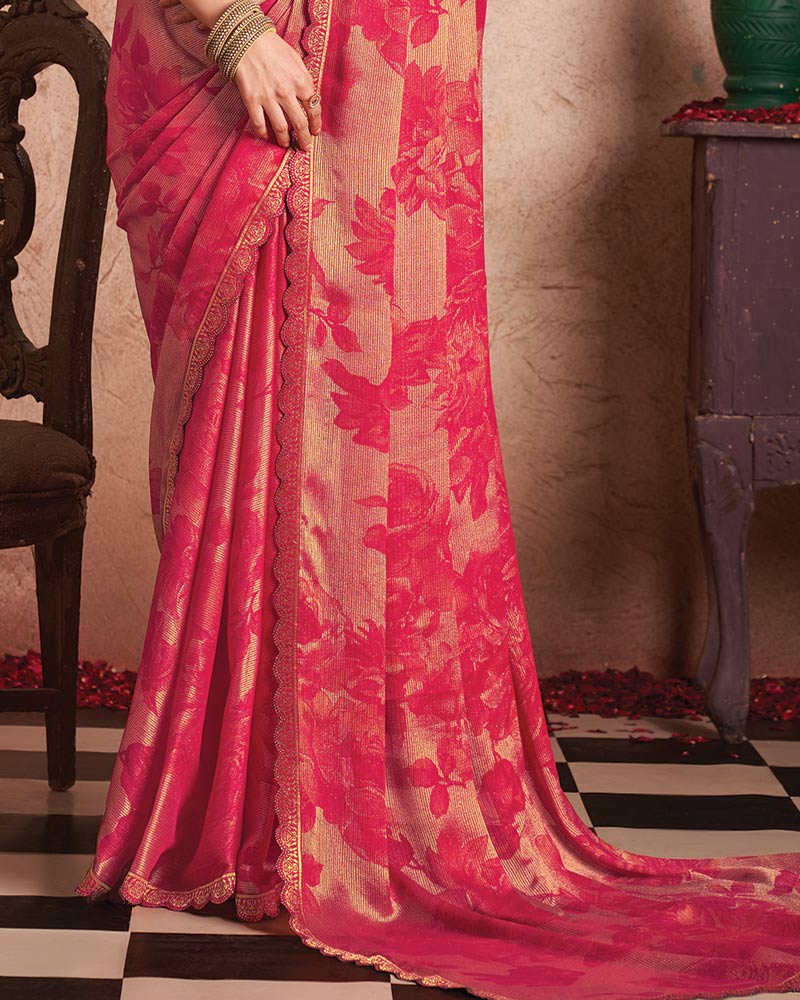 Vishal Prints Amaranth Pink Printed Fancy Brasso Saree With Cut Work Border