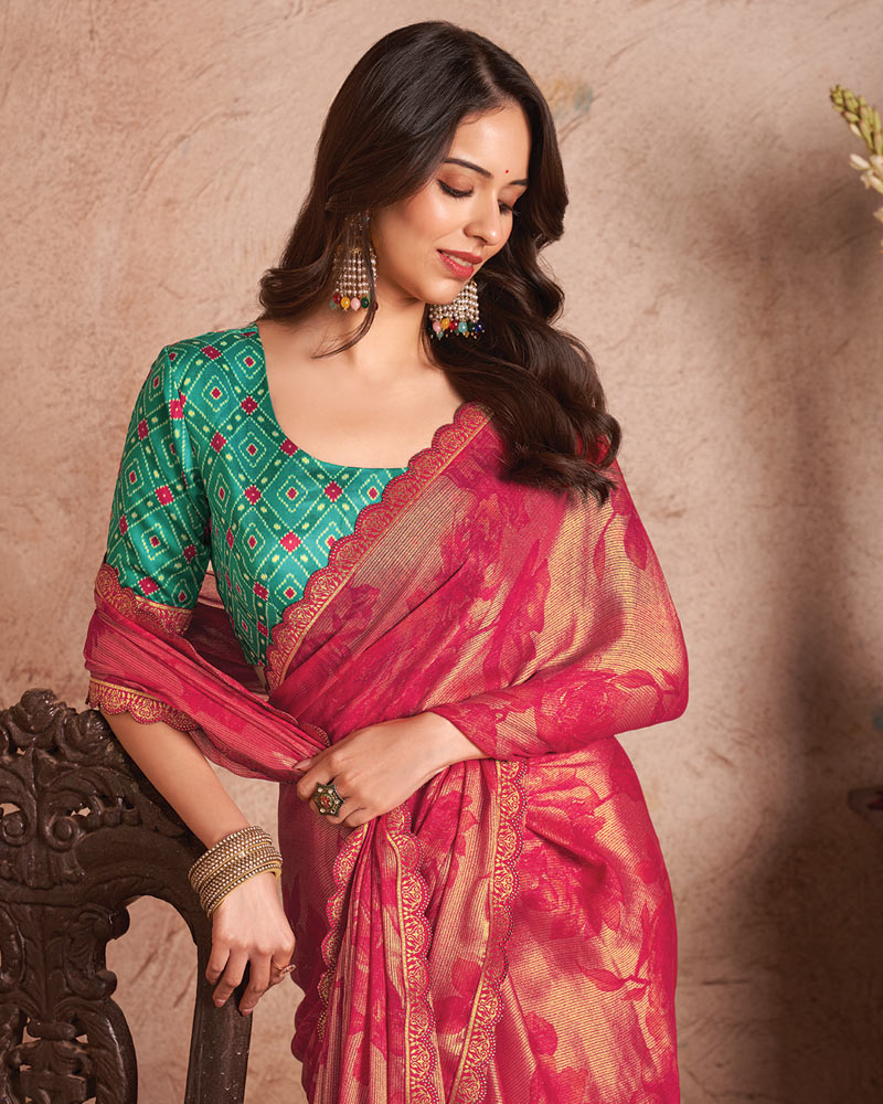 Vishal Prints Amaranth Pink Printed Fancy Brasso Saree With Cut Work Border