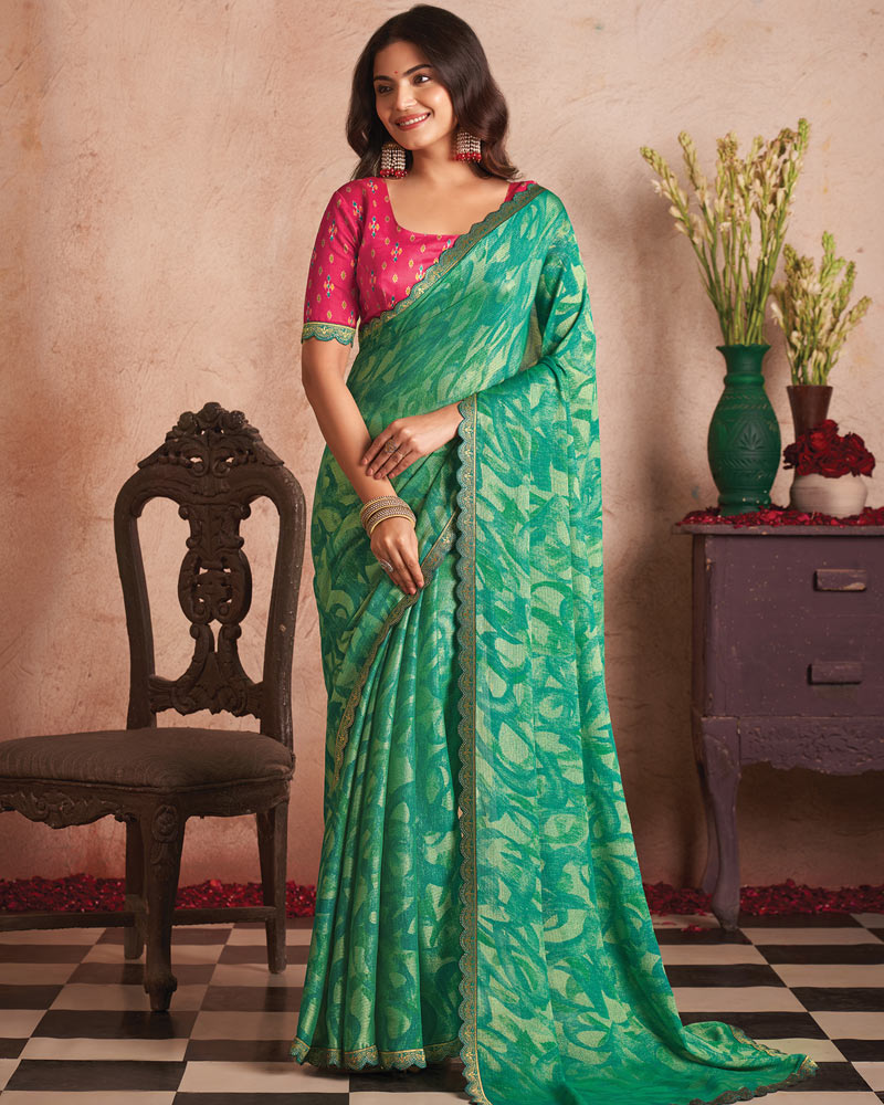 Vishal Prints Jade Green Printed Fancy Brasso Saree With Cut Work Border
