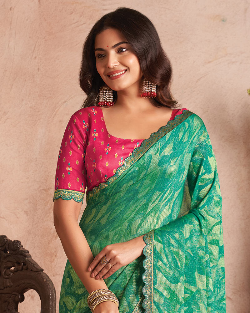 Vishal Prints Jade Green Printed Fancy Brasso Saree With Cut Work Border