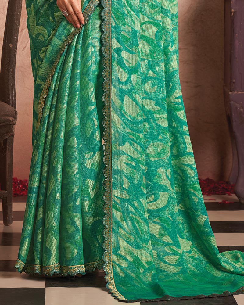 Vishal Prints Jade Green Printed Fancy Brasso Saree With Cut Work Border