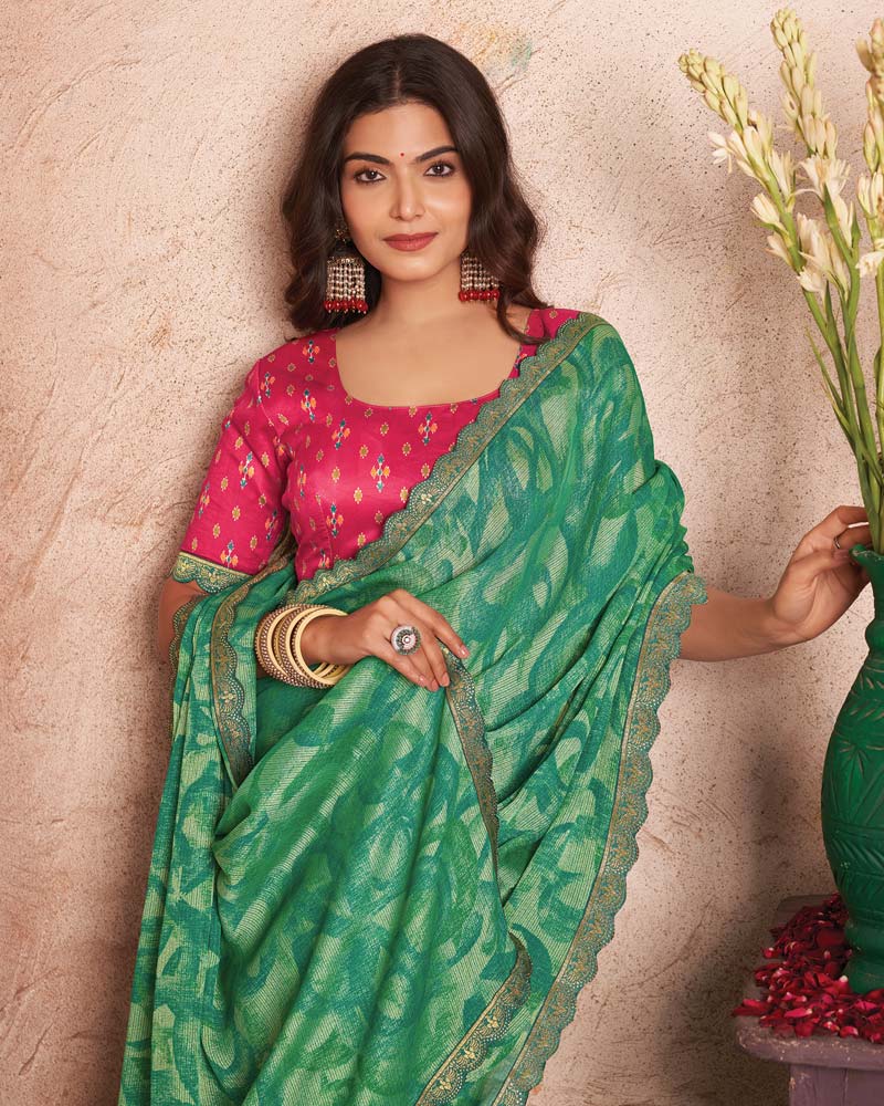 Vishal Prints Jade Green Printed Fancy Brasso Saree With Cut Work Border