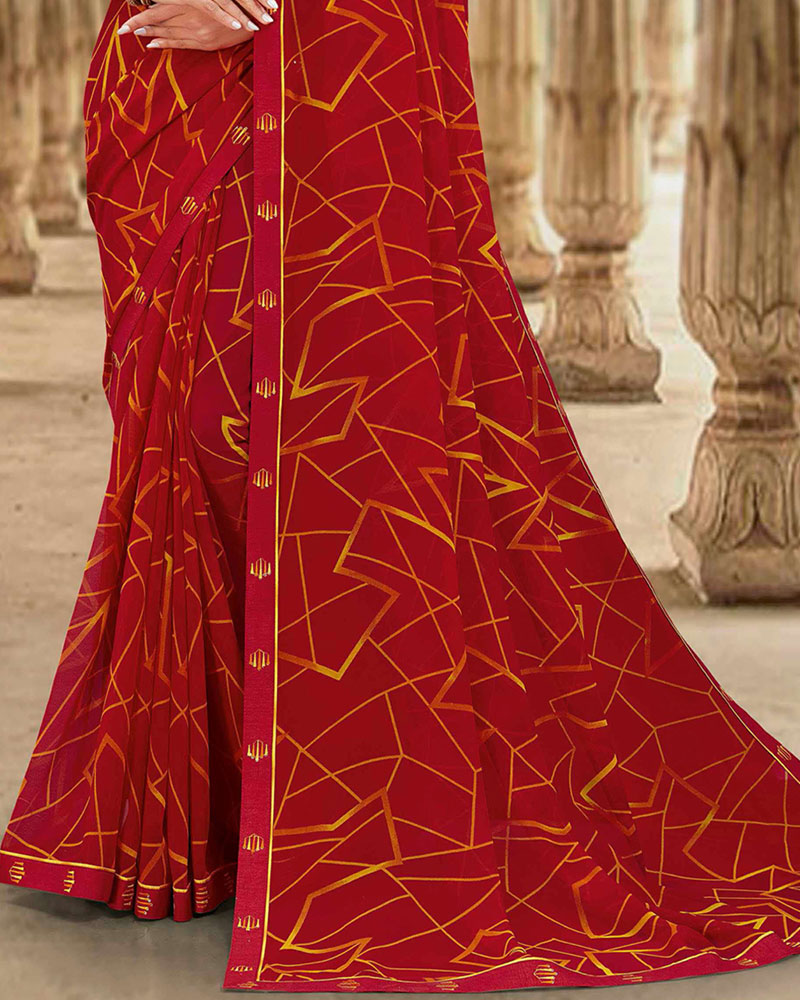 Vishal Prints Dark Red Printed Georgette Saree With Fancy Border