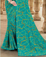 Vishal Prints Teal Blue Printed Georgette Saree With Fancy Border