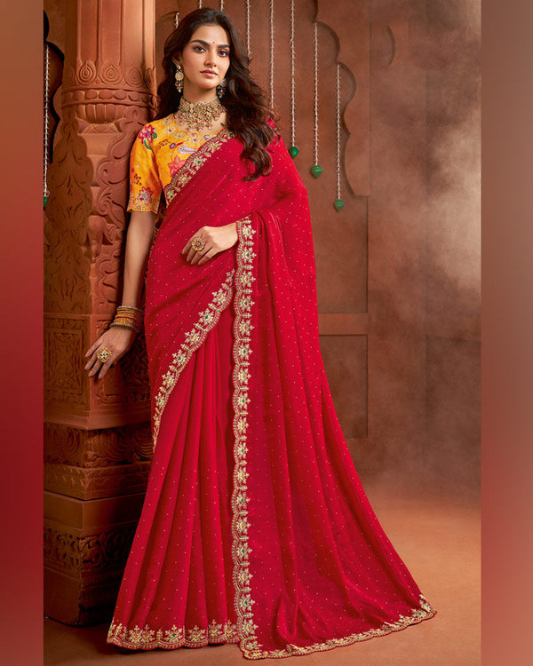 Vishal Prints Shiraz Red Designer Fancy Satin Saree With Embroidery Diamond Work And Cut Work Border