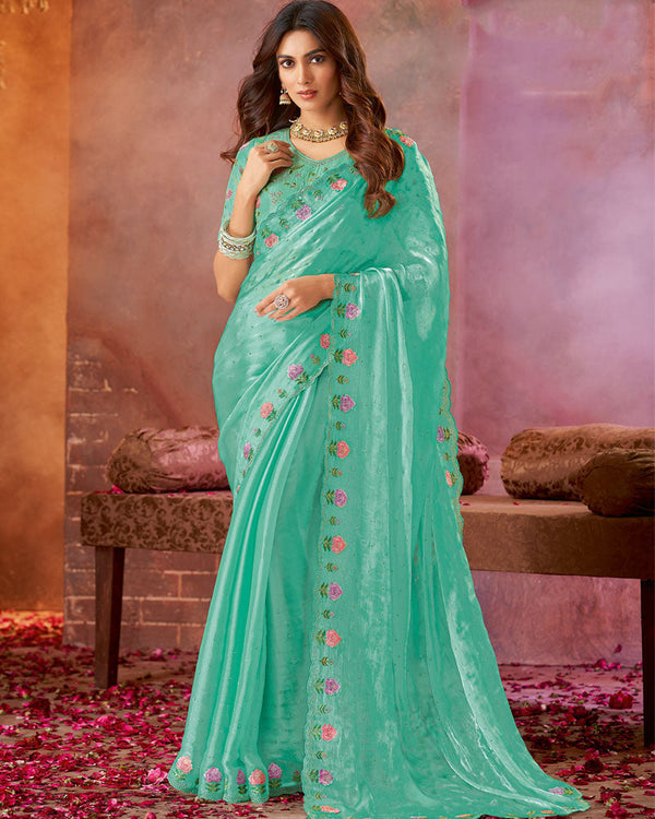 Vishal Prints Light Sea Green Designer Fancy Satin Saree With Embroidery Diamond Work And Cut Work Border