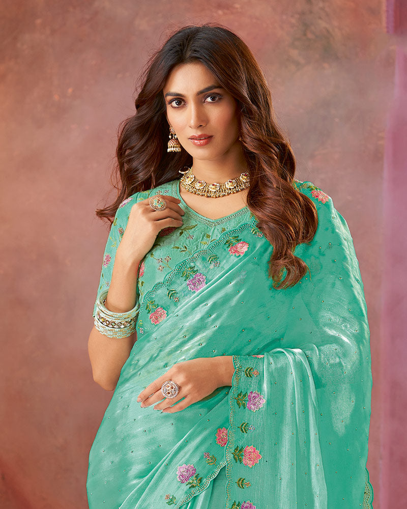 Vishal Prints Floral Light Sea Green Designer Fancy Satin Saree With Embroidery Diamond Work And Cut Work Border