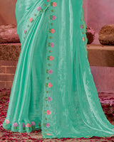 Vishal Prints Floral Light Sea Green Designer Fancy Satin Saree With Embroidery Diamond Work And Cut Work Border