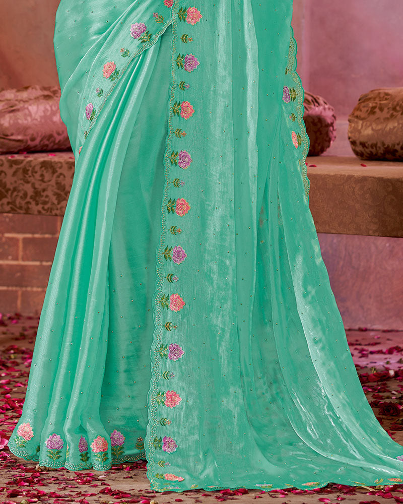 Vishal Prints Floral Light Sea Green Designer Fancy Satin Saree With Embroidery Diamond Work And Cut Work Border