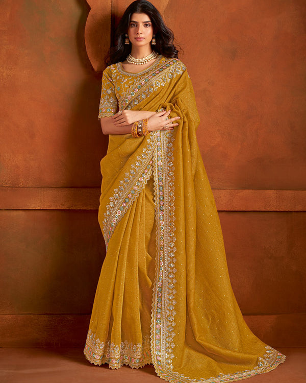 Vishal Prints Dark Mustard Designer Crushed Chiffon Saree With Embroidery Diamond Work And Cut Work Border
