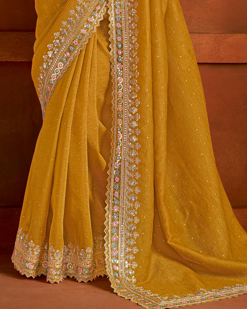 Vishal Prints Haldi Designer Crushed Chiffon Saree With Embroidery Diamond Work And Cut Work Border