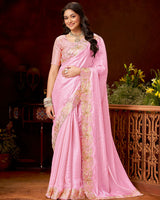 Vishal Prints Pastel Mehndi Daisy Pink Designer Fancy Satin Saree With Zari-Embroidery Diamond Work And Cut Work Border