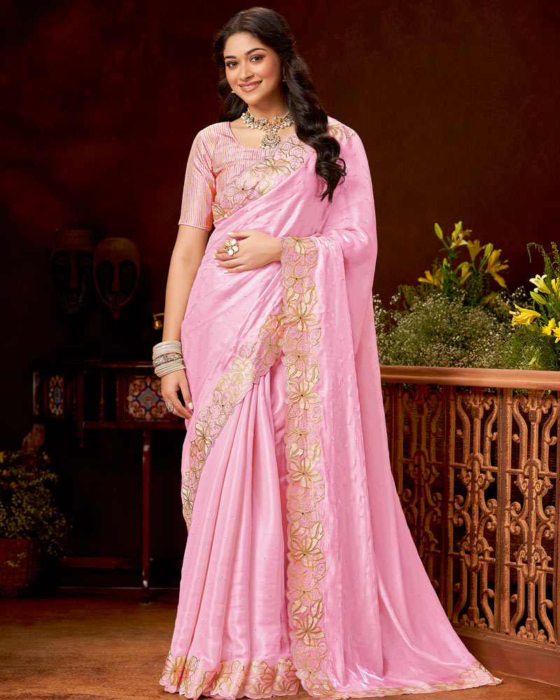 Vishal Prints Pastel Mehndi Daisy Pink Designer Fancy Satin Saree With Zari-Embroidery Diamond Work And Cut Work Border