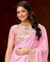Vishal Prints Pastel Mehndi Daisy Pink Designer Fancy Satin Saree With Zari-Embroidery Diamond Work And Cut Work Border