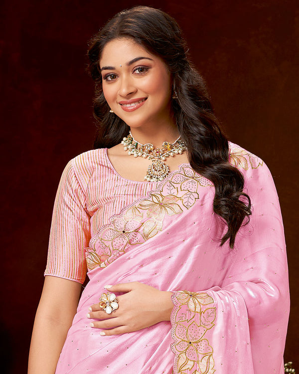 Vishal Prints Daisy Pink Designer Fancy Satin Saree With Zari-Embroidery Diamond Work And Cut Work Border