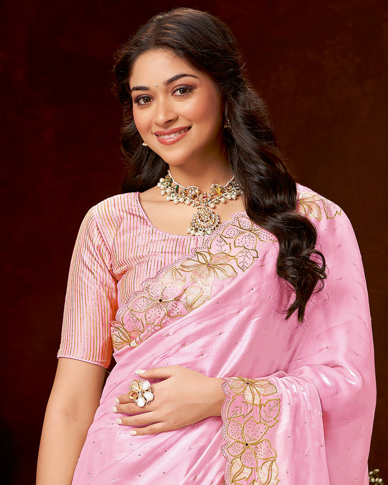 Vishal Prints Pastel Mehndi Daisy Pink Designer Fancy Satin Saree With Zari-Embroidery Diamond Work And Cut Work Border