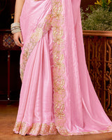 Vishal Prints Pastel Mehndi Daisy Pink Designer Fancy Satin Saree With Zari-Embroidery Diamond Work And Cut Work Border