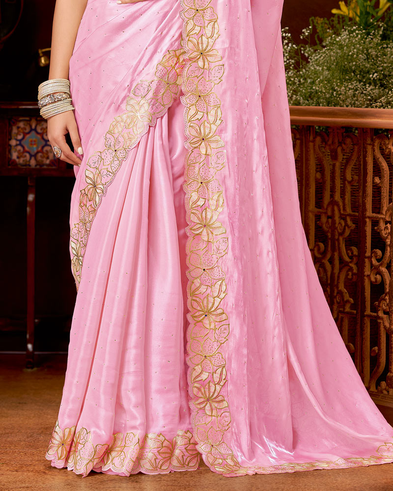 Vishal Prints Pastel Mehndi Daisy Pink Designer Fancy Satin Saree With Zari-Embroidery Diamond Work And Cut Work Border