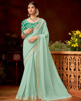 Vishal Prints Pastel Teal Green Designer Fancy Chiffon Saree With Zari-Embroidery Diamond Work And Cut Work Border
