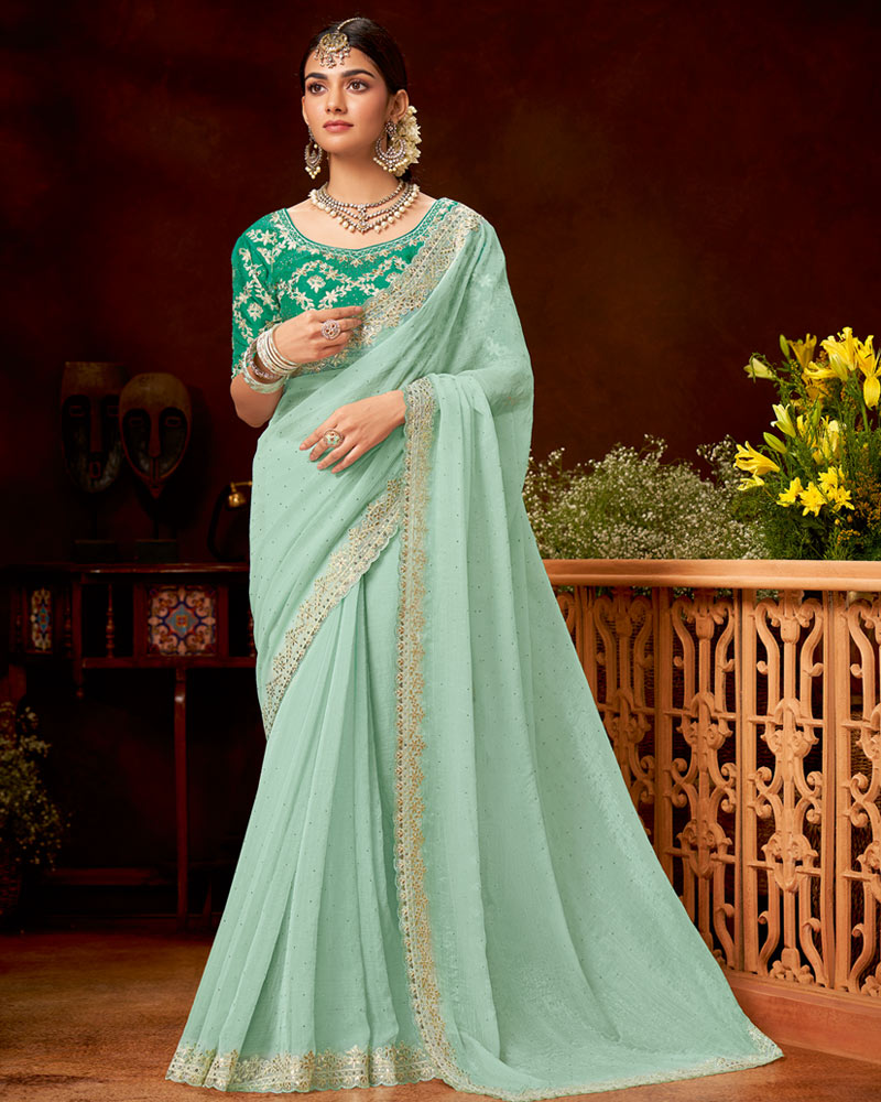 Vishal Prints Pastel Teal Green Designer Fancy Chiffon Saree With Zari-Embroidery Diamond Work And Cut Work Border