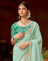 Vishal Prints Pastel Teal Green Designer Fancy Chiffon Saree With Zari-Embroidery Diamond Work And Cut Work Border