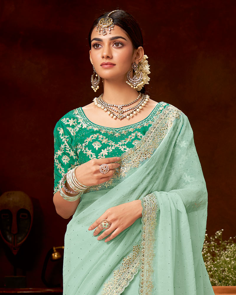 Vishal Prints Pastel Teal Green Designer Fancy Chiffon Saree With Zari-Embroidery Diamond Work And Cut Work Border