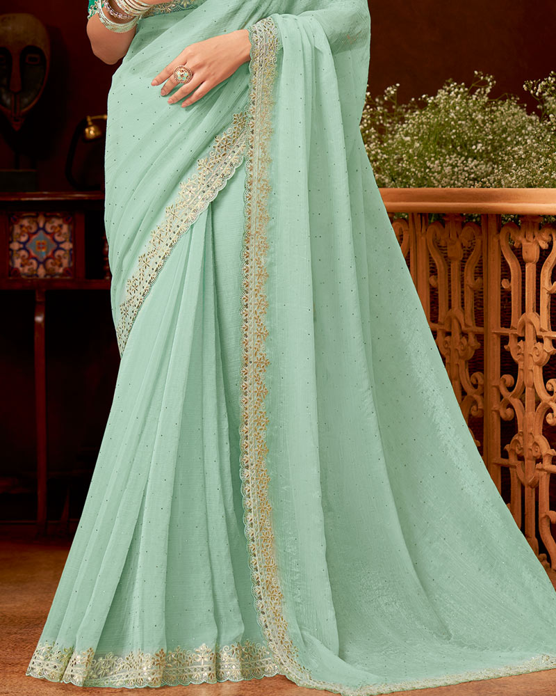Vishal Prints Pastel Teal Green Designer Fancy Chiffon Saree With Zari-Embroidery Diamond Work And Cut Work Border