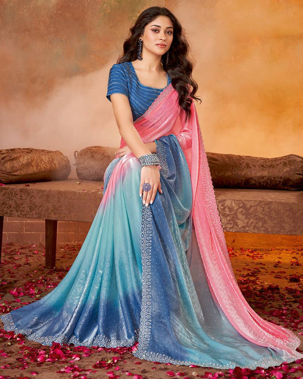 Vishal Prints Pastel Red Designer Fancy Satin Saree With Diamond Work And Embellished Cut Work Border