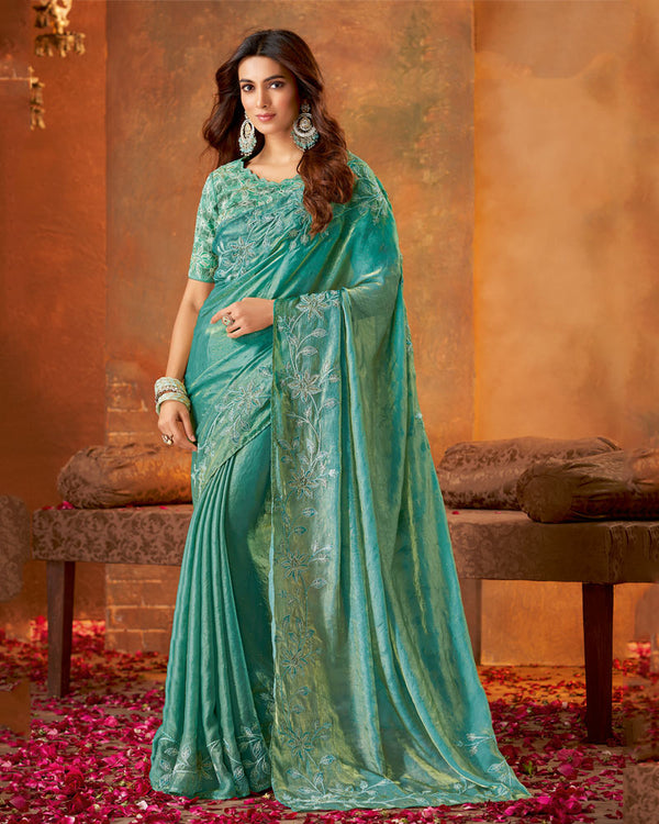 Vishal Prints Dusty Teal Green Designer Fancy Satin Saree With Embroidery Diamond Work