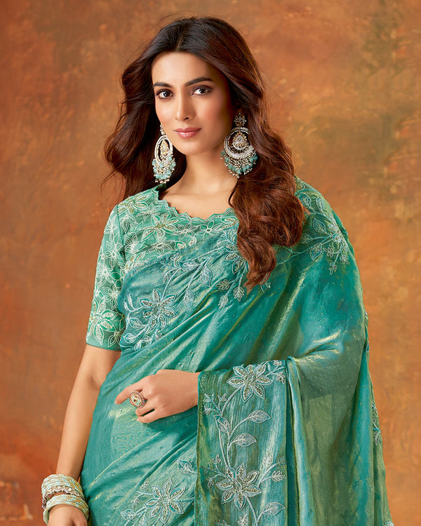 Vishal Prints Dusty Teal Green Designer Fancy Satin Saree With Embroidery Diamond Work