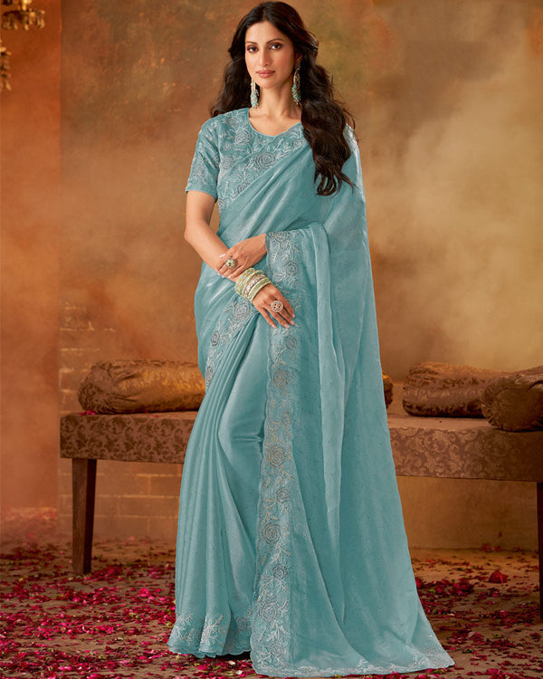 Vishal Prints Light Greyish Blue Designer Fancy Chiffon Saree With Zari-Embroidery Diamond Work And Cut Work Border