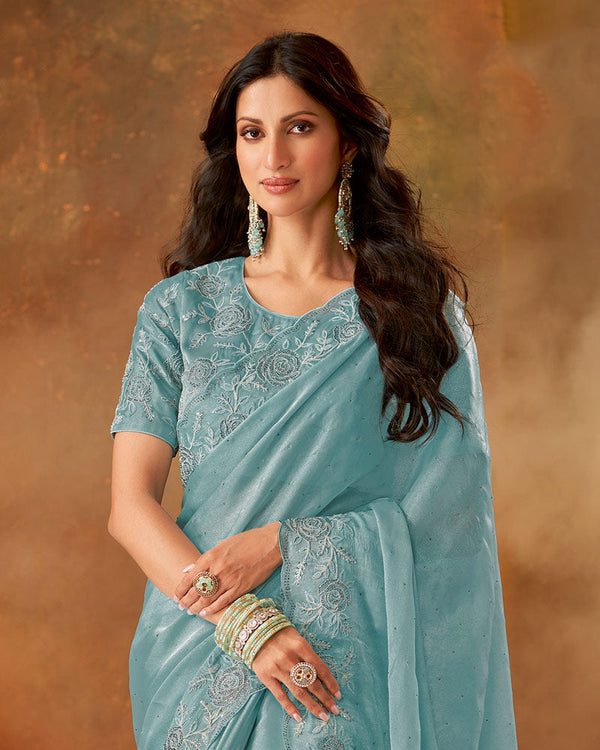 Vishal Prints Light Greyish Blue Designer Fancy Chiffon Saree With Zari-Embroidery Diamond Work And Cut Work Border