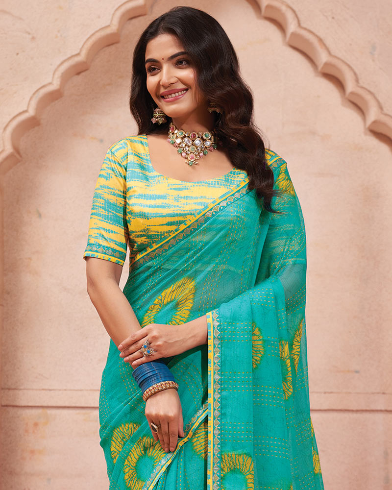 Vishal Prints Pacific Blue Printed Chiffon Saree With Fancy Border