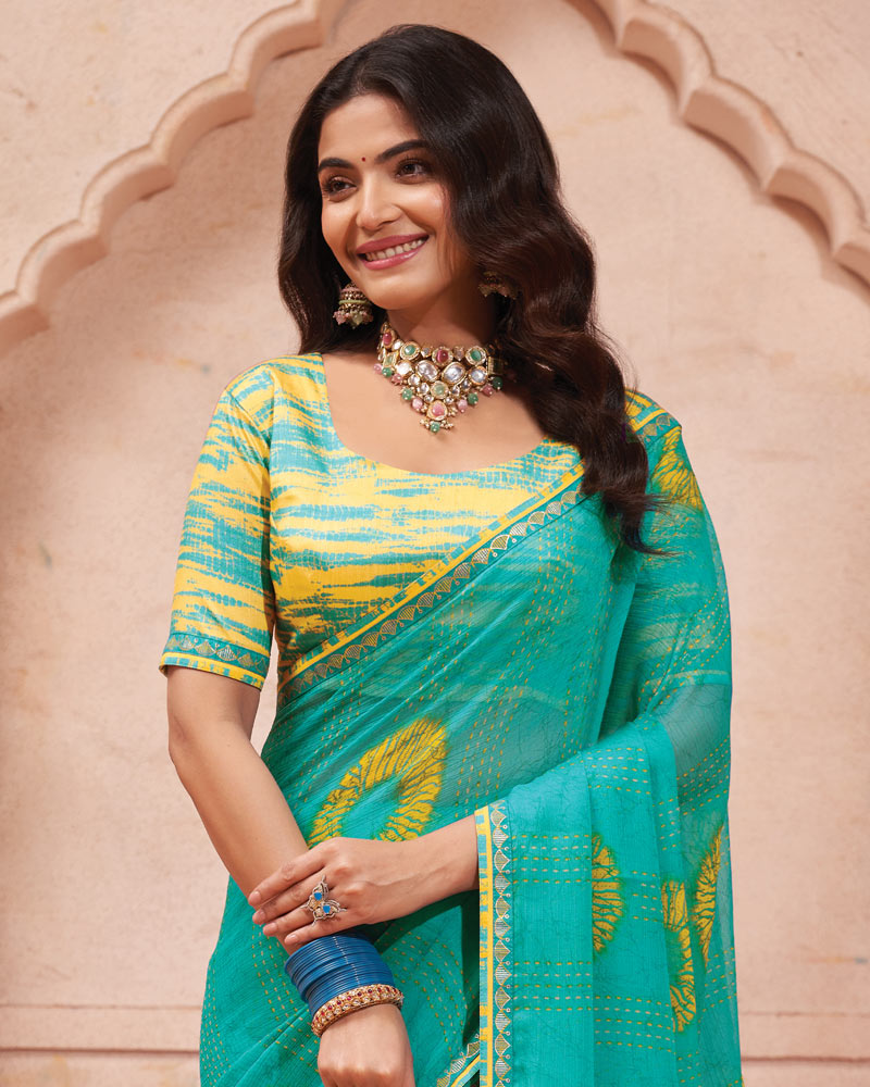Vishal Prints Pacific Blue Printed Chiffon Saree With Fancy Border