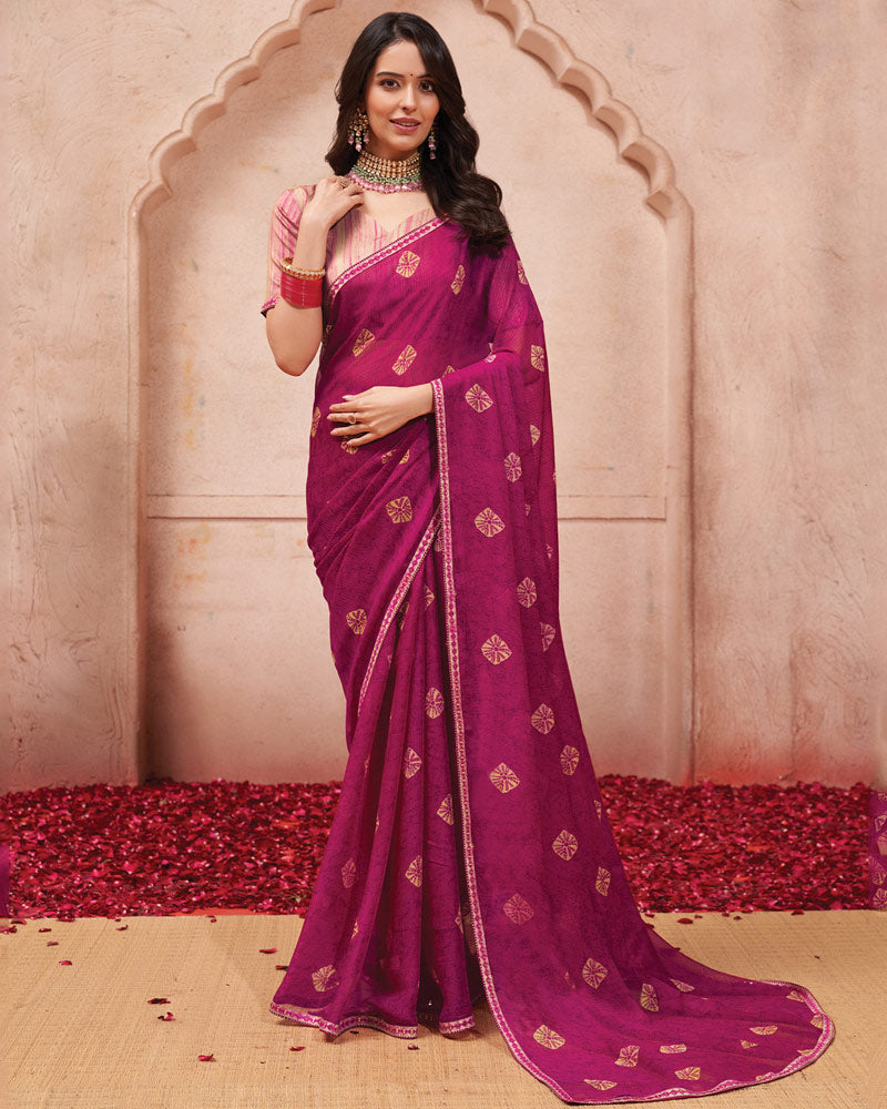 Vishal Prints Dark Fuchsia Printed Chiffon Saree With Fancy Border