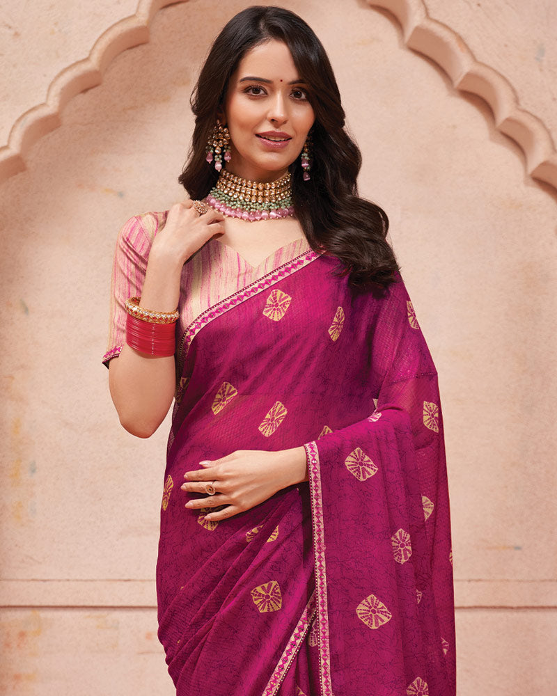 Vishal Prints Dark Fuchsia Printed Chiffon Saree With Fancy Border