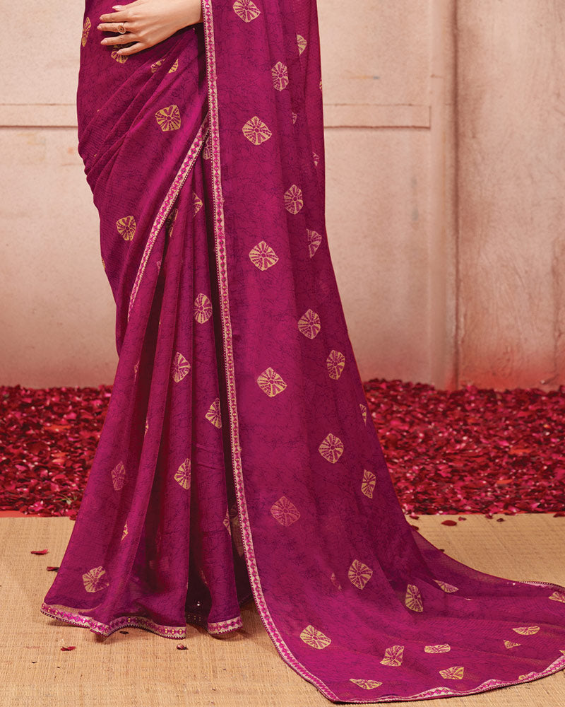 Vishal Prints Dark Fuchsia Printed Chiffon Saree With Fancy Border