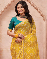 Vishal Prints Dark Yellow Printed Chiffon Saree With Fancy Border