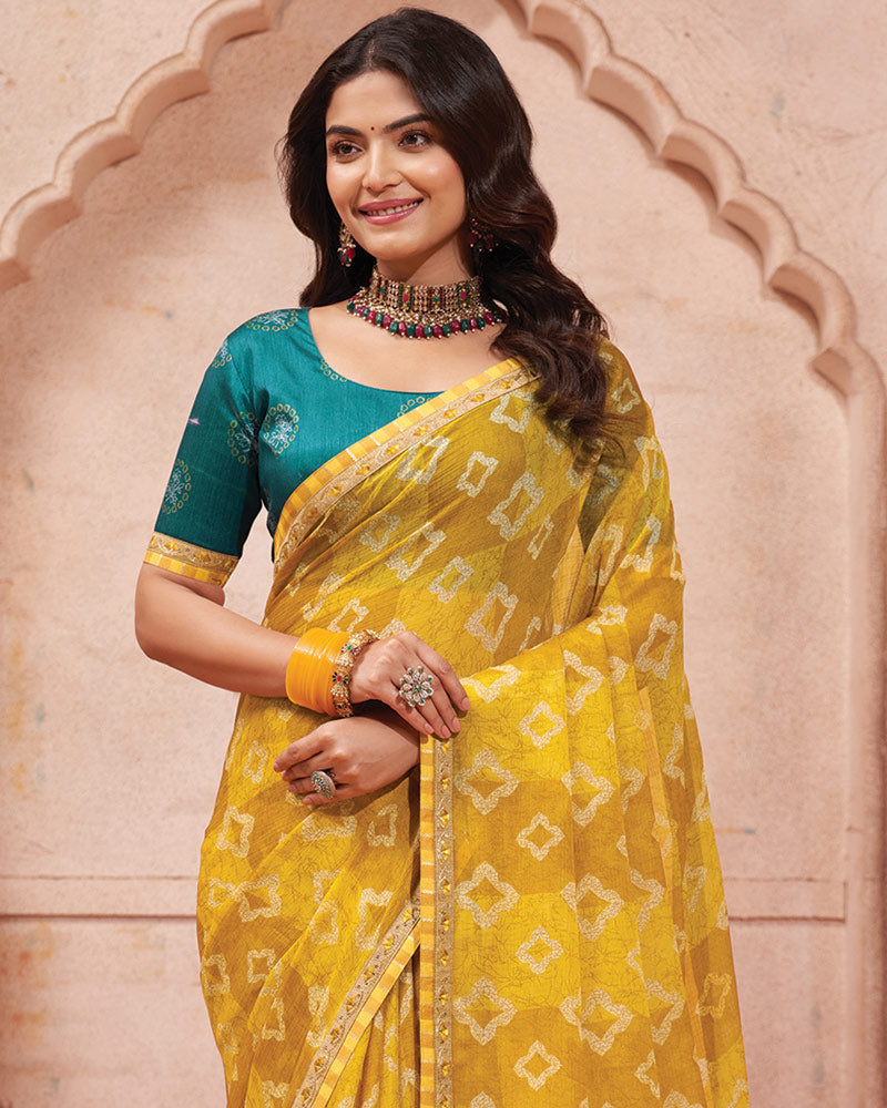 Vishal Prints Dark Yellow Printed Chiffon Saree With Fancy Border