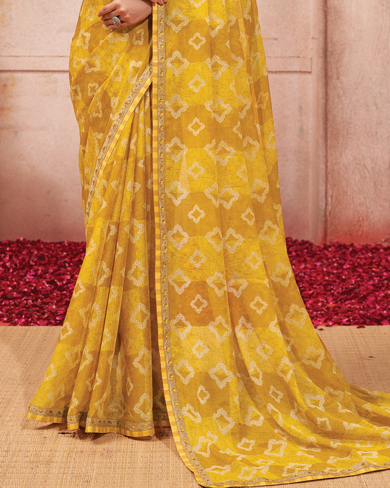 Vishal Prints Dark Yellow Printed Chiffon Saree With Fancy Border