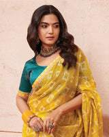 Vishal Prints Dark Yellow Printed Chiffon Saree With Fancy Border