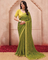 Vishal Prints Mehandi Green Printed Chiffon Saree With Fancy Border